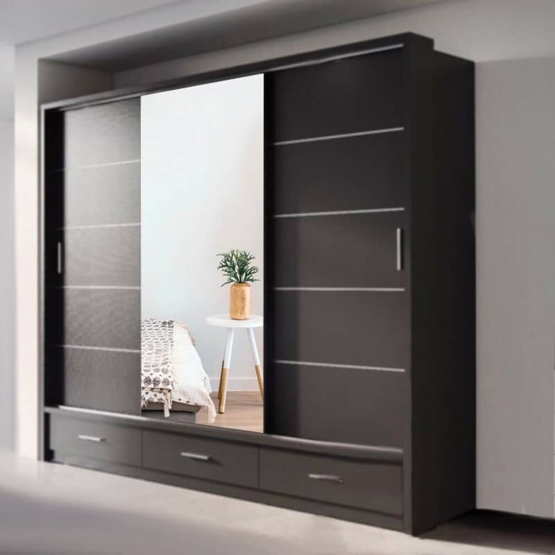 NEXUS 255cm Black Gloss Mirror Sliding Wardrobe